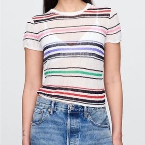GAP Striped Short Sleeve Knit Top in White with Multi Color Stripes